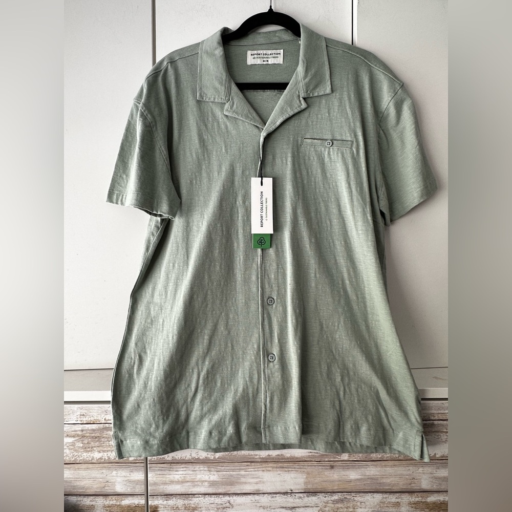 💚 Report Collection Light Green Textured Cotton Camp Shirt NWT Men’s Medium